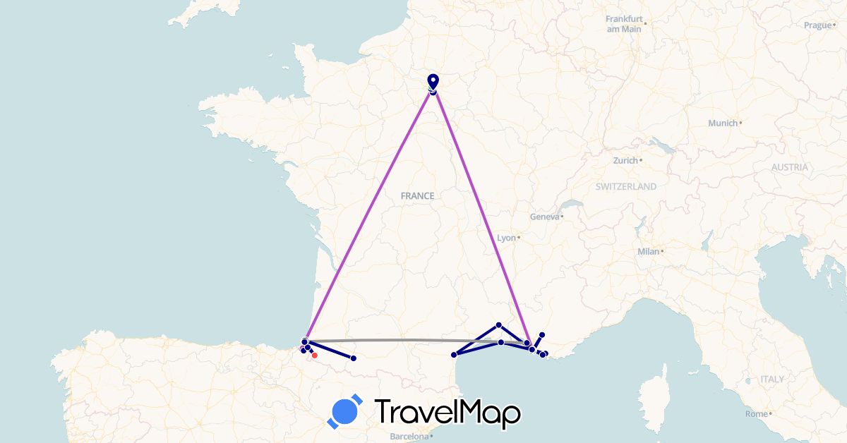 TravelMap itinerary: driving, bus, plane, train, hiking in France (Europe)